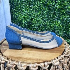 Denim gold studded mesh kitten block heel‎ slip on